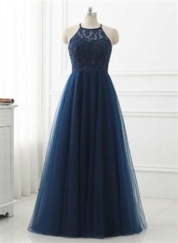 Picture of Navy Blue Tulle with Lace Applique Long Party Dresses, Blue Prom Dresses